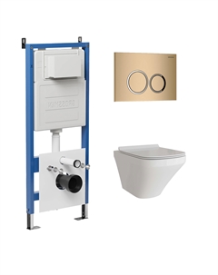 Комплект Унитаз подвесной с инсталляцией Galaxy 97.4440S.01.310 безободковый, белый + Кнопка смыва золото матовое Grossman