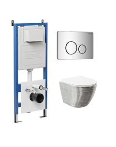 Комплект Унитаз подвесной с инсталляцией Style 97.4455SWS.05.10M безободковый, серебро+ Кнопка смыва хром глянцевый Grossman
