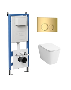 Комплект Унитаз подвесной с инсталляцией Galaxy 97.4441S.01.300 безободковый, белый + Кнопка смыва золото глянцевое Grossman