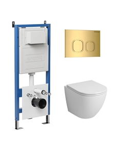 Комплект Унитаз подвесной с инсталляцией Cosmo 97.4455SQ.02.300 безободковый, белый+ Кнопка смыва золото глянцевое Grossman