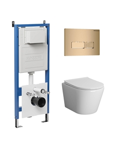 Комплект Унитаз подвесной с инсталляцией Pragma 97.4478BMS.03.310 безободковый, черный матовый + Кнопка смыва золото матовое Grossman