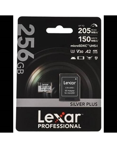 Карта памяти 256Gb microSDXC Professional Silver Plus Class 10 UHS-I U3 V30 A2 + адаптер (LMSSIPL256G-BNANG) Lexar