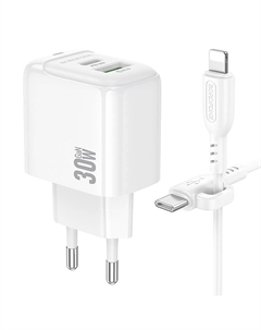 Сетевое зарядное устройство Borofone Potential BAS45A 30 Вт, USB, EU, USB type-C, Quick Charge, PD, белый (6941991113888), кабель Lightning/Type-C
