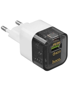 Сетевое зарядное устройство Hoco Transparent C131a 30 Вт, USB, EU, USB type-C, Quick Charge, PD, черный/белый (6942007609821)