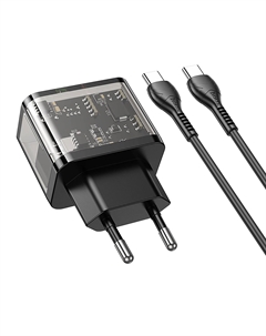 Сетевое зарядное устройство Hoco Dazzling N34 20 Вт, USB, EU, USB type-C, Quick Charge, PD, черный (6931474799180), кабель type-C/type-C