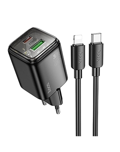 Сетевое зарядное устройство Hoco N53 30 Вт, USB, EU, USB type-C, Quick Charge, PD, черный (6942007630443), кабель Lightning/Type-C