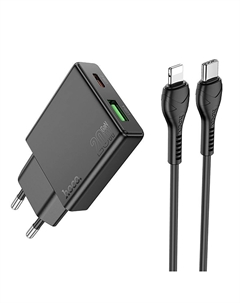 Сетевое зарядное устройство Hoco Delgado N38 20 Вт, USB, EU, USB type-C, Quick Charge, PD, черный (6942007610117), кабель Lightning/Type-C