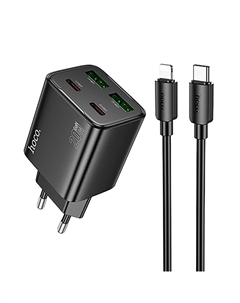 Сетевое зарядное устройство Hoco N55 20 Вт, 2xUSB, EU, 2xUSB type-C, Quick Charge, PD, черный (6942007632454), кабель Lightning/Type-C