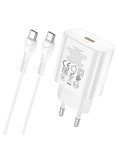 Сетевое зарядное устройство Hoco N22 Jetta 25 Вт, USB type-C, Quick Charge, PD, 3А, белый (6931474760081), кабель type-C/type-C