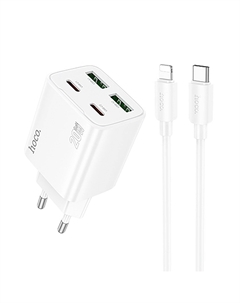 Сетевое зарядное устройство Hoco N55 20 Вт, 2xUSB, EU, 2xUSB type-C, Quick Charge, PD, белый (6942007632461), кабель Lightning/Type-C