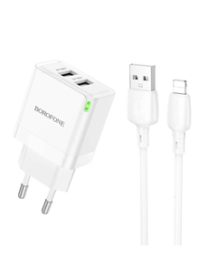 Сетевое зарядное устройство Borofone Strong BN15 10.5 Вт, 2xUSB, EU, белый (6941991108396), кабель USB Type A/Lightning