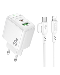 Сетевое зарядное устройство Borofone Potential BAS44A 20 Вт, USB, EU, USB type-C, Quick Charge, PD, белый (6941991113857), кабель Lightning/Type-C