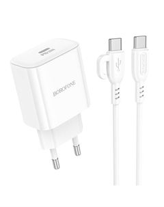 Сетевое зарядное устройство Borofone BA81A 20 Вт, EU, USB type-C, Quick Charge, PD, белый (6941991108204), кабель type-C/type-C