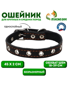 Ошейник кожаный однослойный безразмерный, 45×2 см, ош 18-39 см, черный Пижон