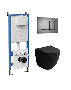 Комплект Унитаз подвесной с инсталляцией Classic 97.4455BMSQ.04.42M безободковый, черный матовый+ Кнопка смыва графит сатиновый Grossman