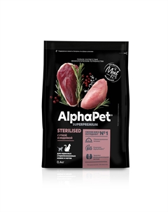 Superpremium сухой корм для взрослых стерилизованных кошек и котов (Утка и индейка, 400 г.) Alphapet