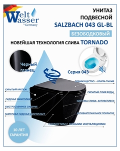 Унитаз подвесной WW SALZBACH 043 GL-BL безободковый, с сиденьем микролифт, черный глянцевый Weltwasser