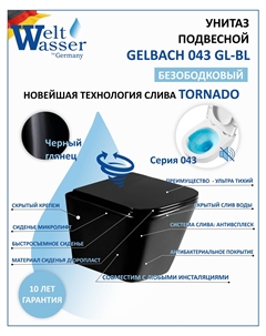 Унитаз подвесной WW GELBACH 043 GL-BL безободковый, с сиденьем микролифт, черный глянцевый Weltwasser