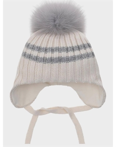 Шапка с меховым помпоном, белая с серыми полосками Chobi