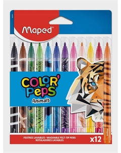 Фломастеры смываемые 12 цветов, корпус с декором ANIMALS Maped