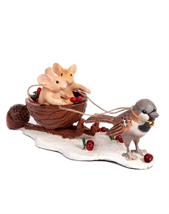 Новогодний сувенир "Мышата в скорлупе-санках в упряжке воробей" 30 см Goodwill