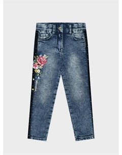 Джинсы с цветочной вышивкой, синие Monnalisa