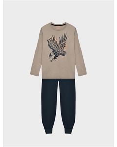 Пижама с принтом птицы и синими брюками, темно-бежевая Sanetta