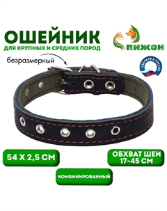 Ошейник комбинированный кожа/брезент, безразмерный, 54×2.5 см, ош 17-45 см, синий Пижон