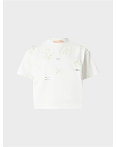 Футболка белого цвета с вышивкой и стразами Elisabetta franchi