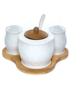 Набор Роза 5 предметов: сахарница, солонка, перечница на подставке фарфор, дерево Нет марки