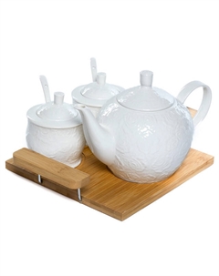 Набор Роза 6 предметов: чайник 1,2 л, 2 сахарницы 300мл на подставке с ложками фарфор, дерево Нет марки