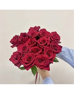 Букет живых цветов из 15 красных роз под ленту, Эквадор 50 см Пять цветов