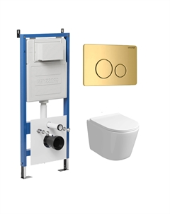 Комплект Унитаз подвесной с инсталляцией Style 97.4477S.05.30M безободковый, белый+ Кнопка смыва золото глянцевое Grossman