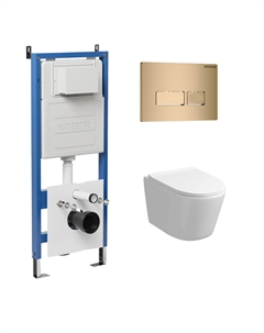 Комплект Унитаз подвесной с инсталляцией Pragma 97.4477S.03.310 безободковый, белый+ Кнопка смыва золото матовое Grossman