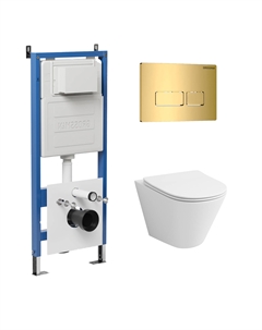 Комплект Унитаз подвесной с инсталляцией Pragma 97.4477S.03.300 безободковый, белый+ Кнопка смыва золото глянцевое Grossman