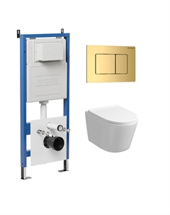 Комплект Унитаз подвесной с инсталляцией Classic 97.4477S.04.30M безободковый, белый+ Кнопка смыва золото глянцевое Grossman