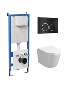 Комплект Унитаз подвесной с инсталляцией Galaxy 97.4477S.01.210 безободковый, белый+ Кнопка смыва черная матовая Grossman