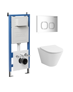 Комплект Унитаз подвесной с инсталляцией Cosmo 97.4477S.02.100 безободковый, белый+ Кнопка смыва хром глянцевый Grossman