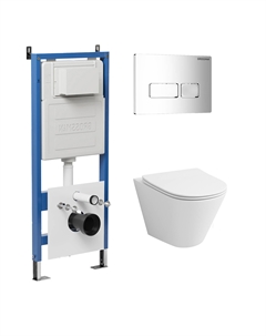 Комплект Унитаз подвесной с инсталляцией Pragma 97.4477S.03.100 безободковый, белый+ Кнопка смыва хром глянцевый Grossman