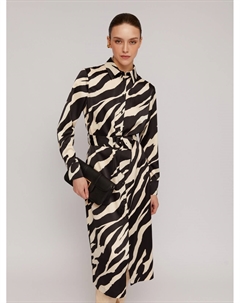 Атласное платье-рубашка длины миди с принтом и ремнём на талии Zolla