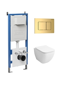 Комплект Унитаз подвесной с инсталляцией Classic 97.4447S.04.30M безободковый, белый+ Кнопка смыва золото глянцевое Grossman