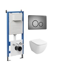 Комплект Унитаз подвесной с инсталляцией Style 97.4447S.05.42M безободковый, белый+ Кнопка смыва графит сатиновый Grossman
