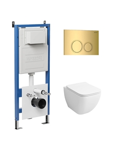 Комплект Унитаз подвесной с инсталляцией Galaxy 97.4447S.01.300 безободковый, белый+ Кнопка смыва золото глянцевое Grossman