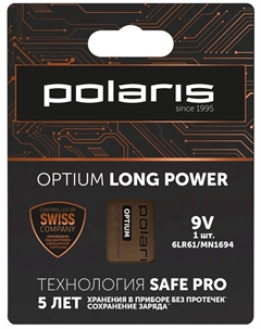 Батарейка Polaris PB 9V (6LR61) (1 шт) Optium бронзовый
