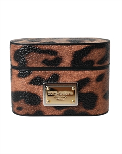 Коричневый чехол Airpods из телячьей кожи с леопардовым принтом и логотипом Dolce & Gabbana Dolce&gabbana