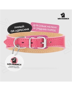 Ошейник-селедка для собак из натуральной кожи с QR-адресником, розовый 24-30см Mr.kranch