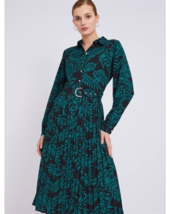 Платье-рубашка длины миди с растительным узором, плиссировкой на подоле и ремнём Zolla