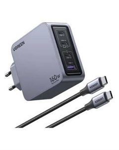 Сетевое зарядное устройство UGREEN Nexode Pro X763 160 Вт, USB, EU, 3xUSB type-C, Quick Charge, PD, серый (25877), кабель type-C/type-C Ugreen