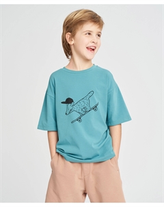 Футболка с коротким рукавом для мальчика оверсайз бирюзовая с принтом Button blue