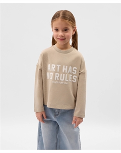 Лонгслив для девочки с глянцевым шрифтовым декором бежевый Gulliver